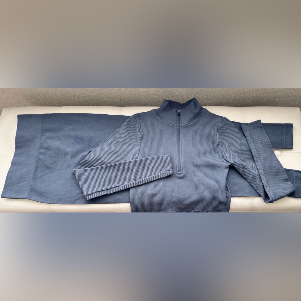 Ribbed Half-Zip Baby Tee Top and Leggings Set in Slate Gray Blue